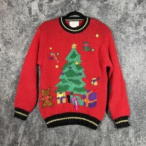 Evian II Sweater Womens Small Red Hand Knit Christmas Tree Ugly Pullover Party
